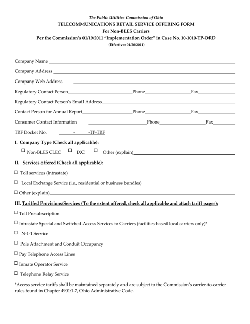 Telecommunications Retail Service Offering Form for Non-bles Carriers - Ohio Download Pdf