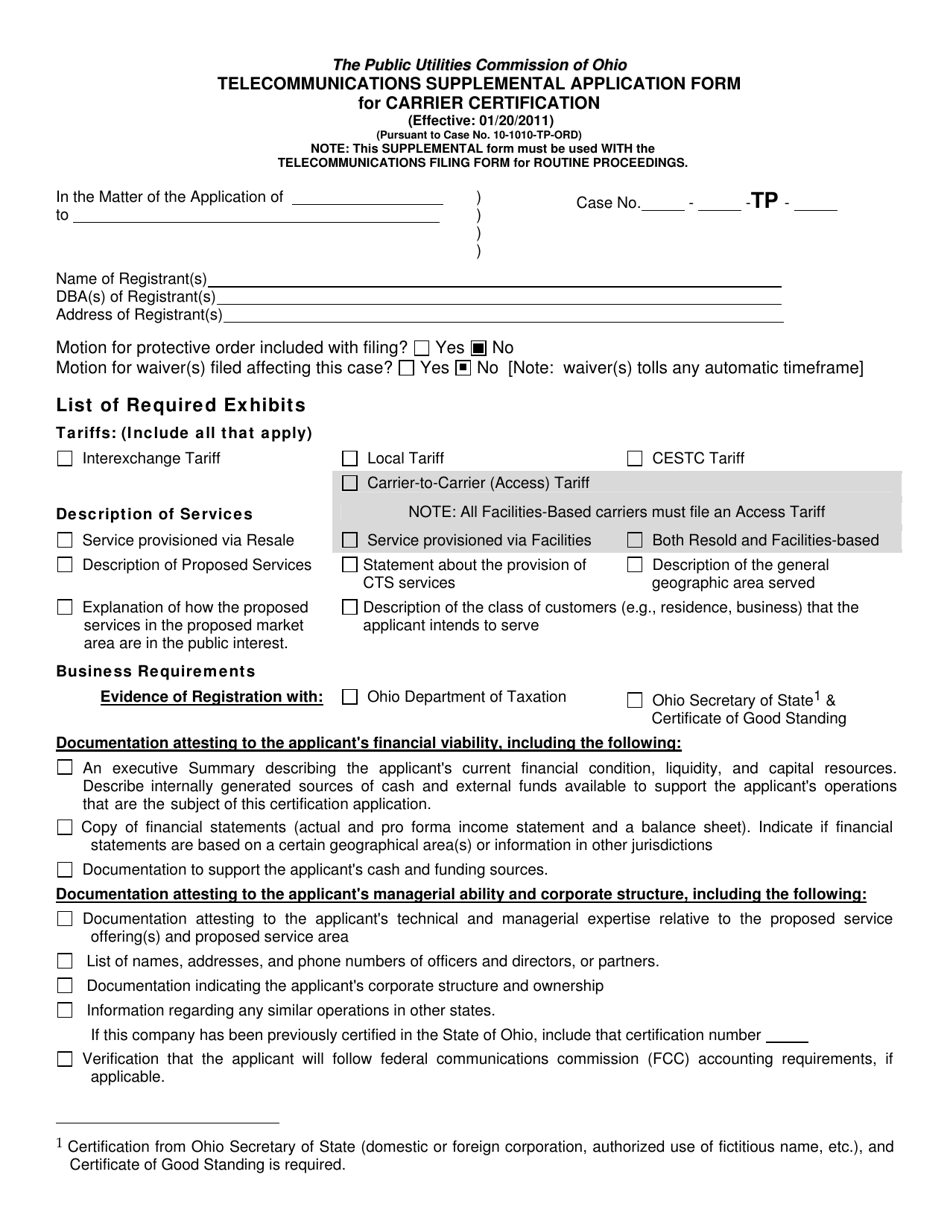 Telecommunication Supplemental Application Form for Carrier Certification - Ohio, Page 1