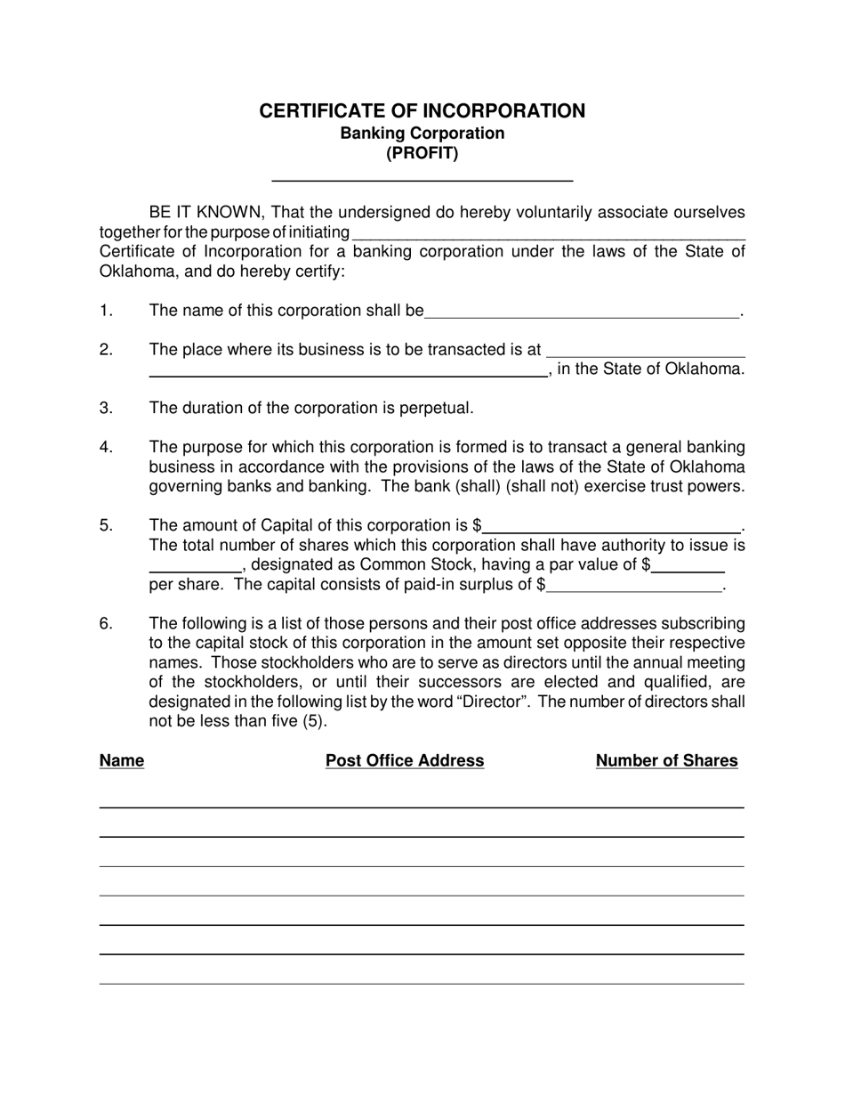 Oklahoma Certificate of Incorporation Banking Corporation (Profit