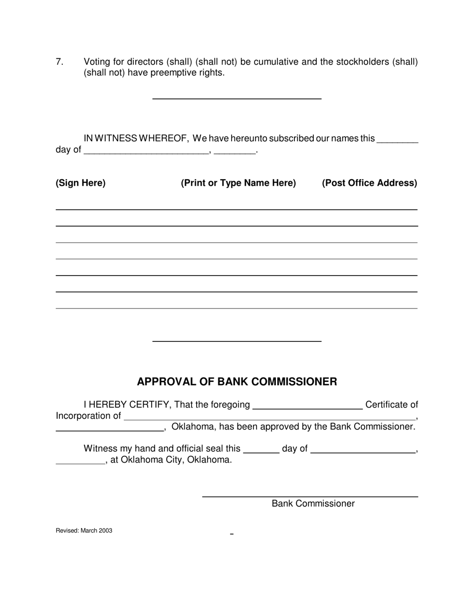 Certificate of Incorporation - Banking Corporation (Profit) - Oklahoma, Page 2