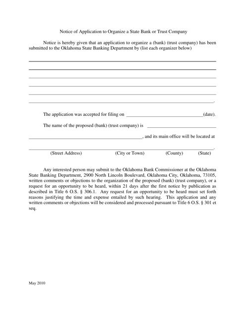 Notice of Application to Organize a State Bank or Trust Company - Oklahoma Download Pdf