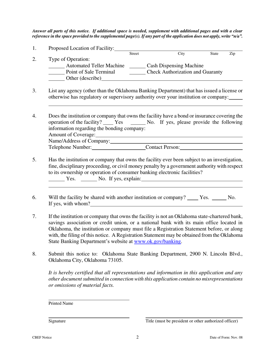 Oklahoma Notice of Consumer Banking Electronic Facility - Fill Out ...