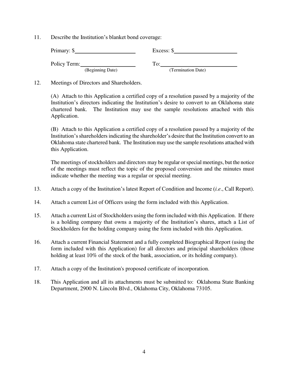 Application for Conversion From a Nationally Chartered Institution to an Oklahoma State Chartered Bank - Oklahoma, Page 4