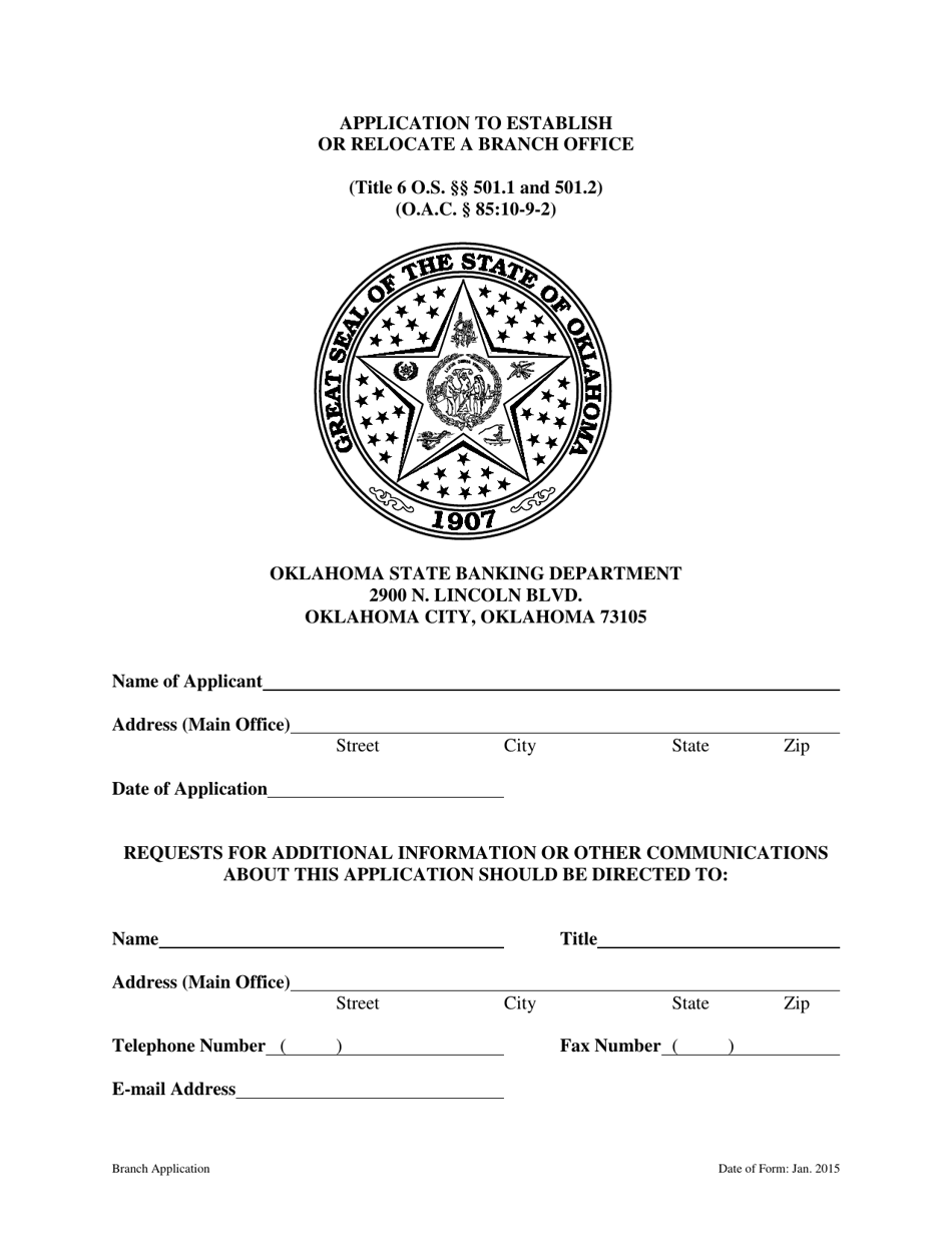 Application to Establish or Relocate a Branch Office - Oklahoma, Page 1