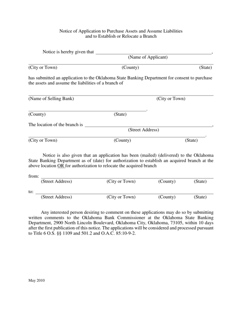 Notice of Application to Purchase Assets and Assume Liabilities and to Establish or Relocate a Branch - Oklahoma Download Pdf