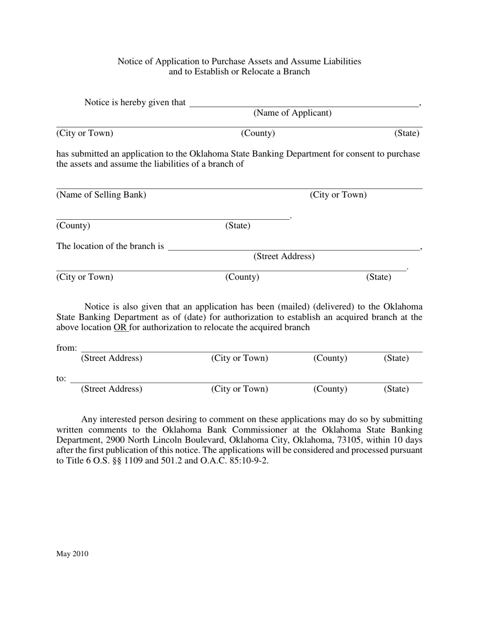 Notice of Application to Purchase Assets and Assume Liabilities and to Establish or Relocate a Branch - Oklahoma, Page 1