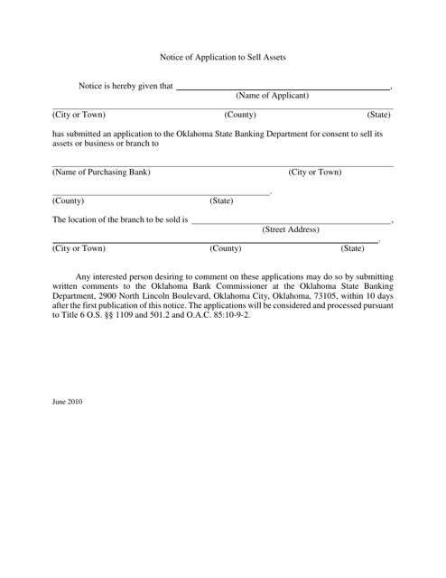 Notice of Application to Sell Assets - Oklahoma