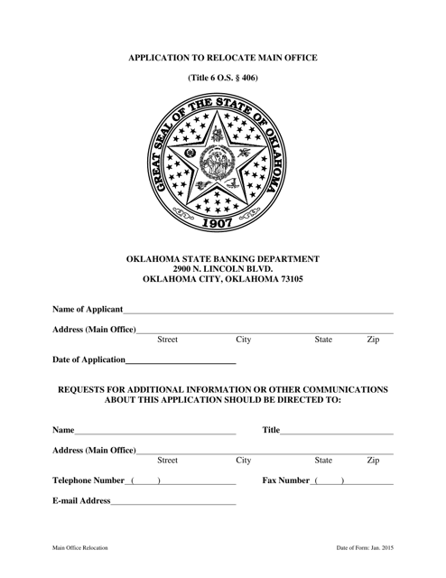 Application to Relocate Main Office - Oklahoma Download Pdf