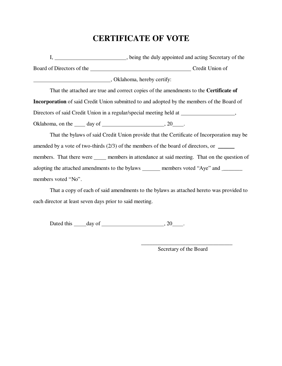 Amended Certificate of Incorporation - Certificate of Vote - Oklahoma, Page 1