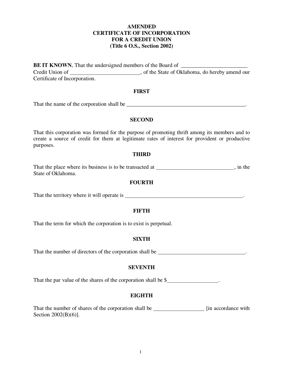 Amended Certificate of Incorporation for a Credit Union - Oklahoma, Page 1