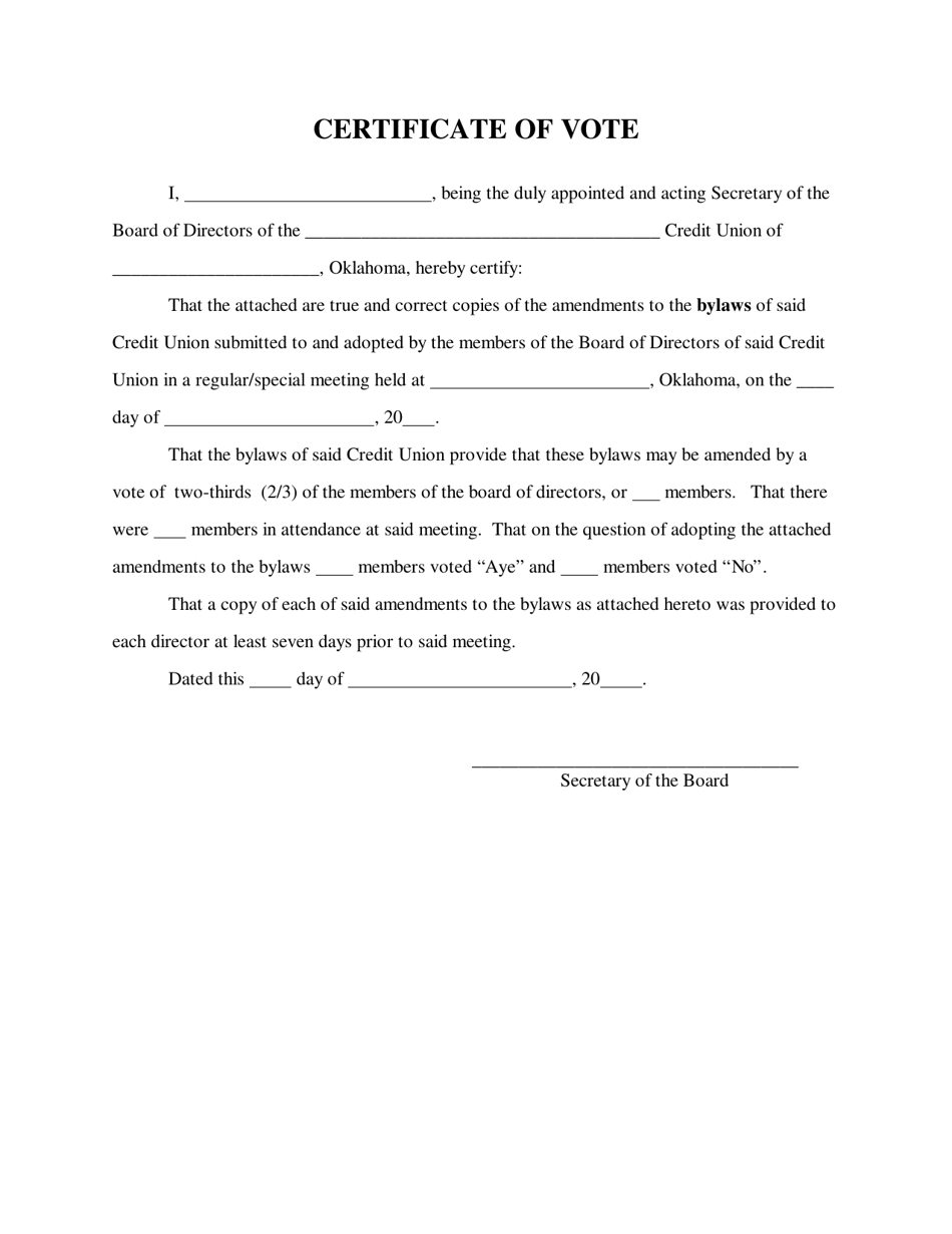 Amended Bylaws - Certificate of Vote - Oklahoma, Page 1