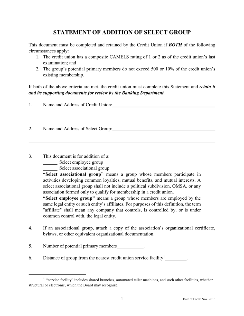 Statement of Addition of Select Group - Oklahoma, Page 1