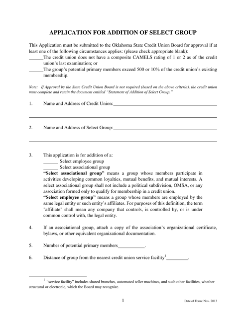 Application for Addition of Select Group - Oklahoma Download Pdf