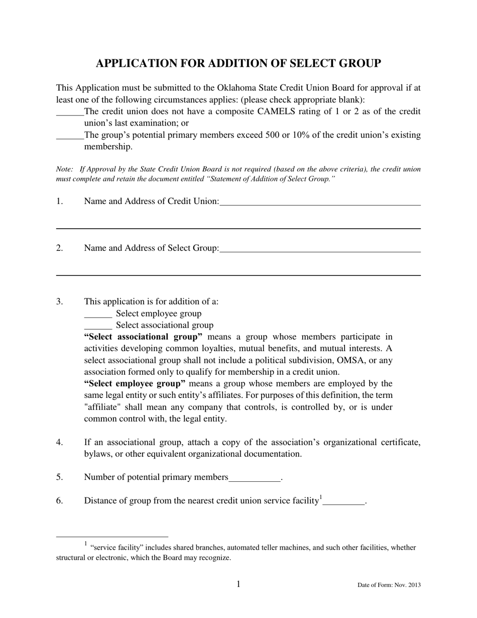 Application for Addition of Select Group - Oklahoma, Page 1