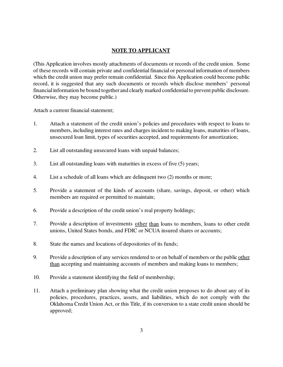 Preliminary Application to Convert a Federal Credit Union Into a State Chartered Credit Union - Oklahoma, Page 3