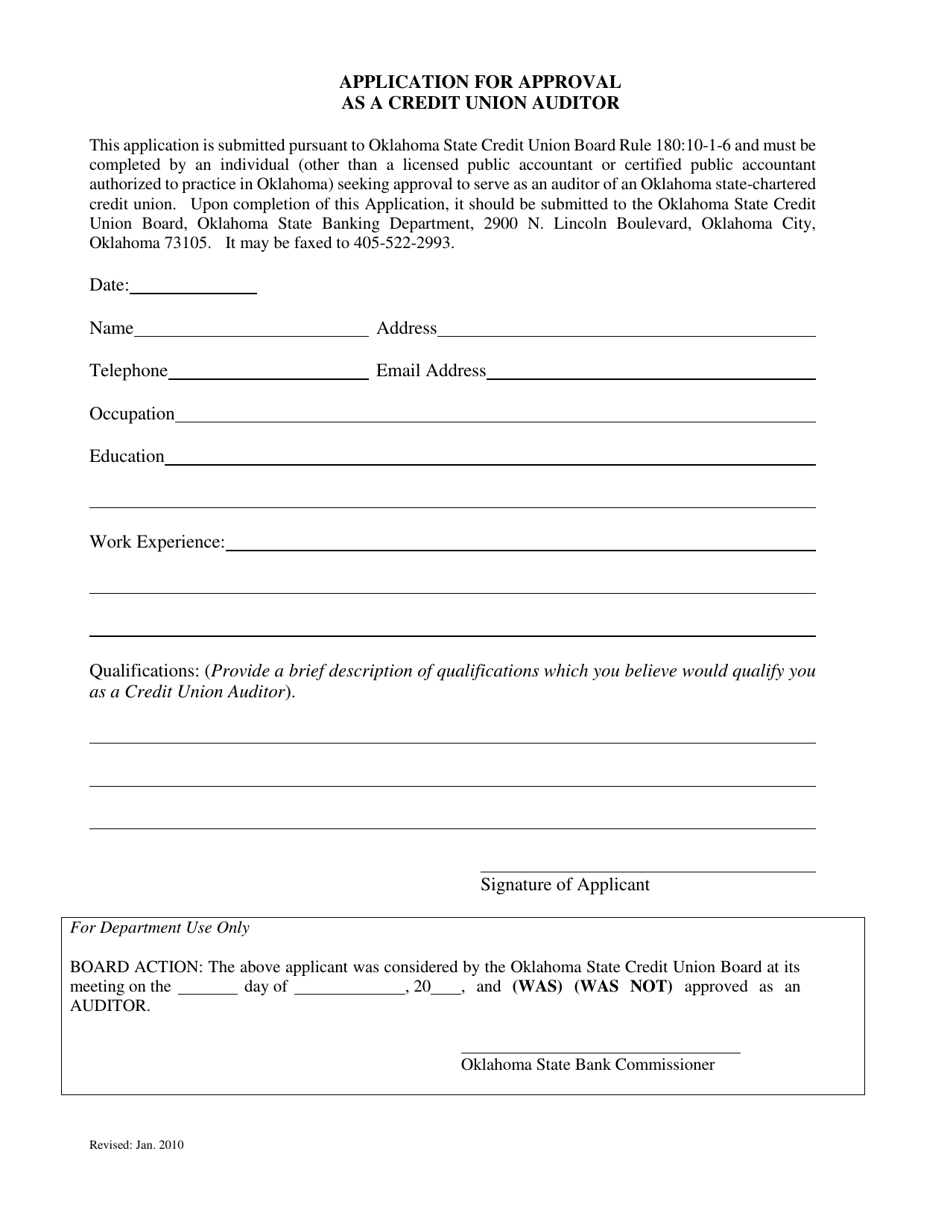 Application for Approval as a Credit Union Auditor - Oklahoma, Page 1