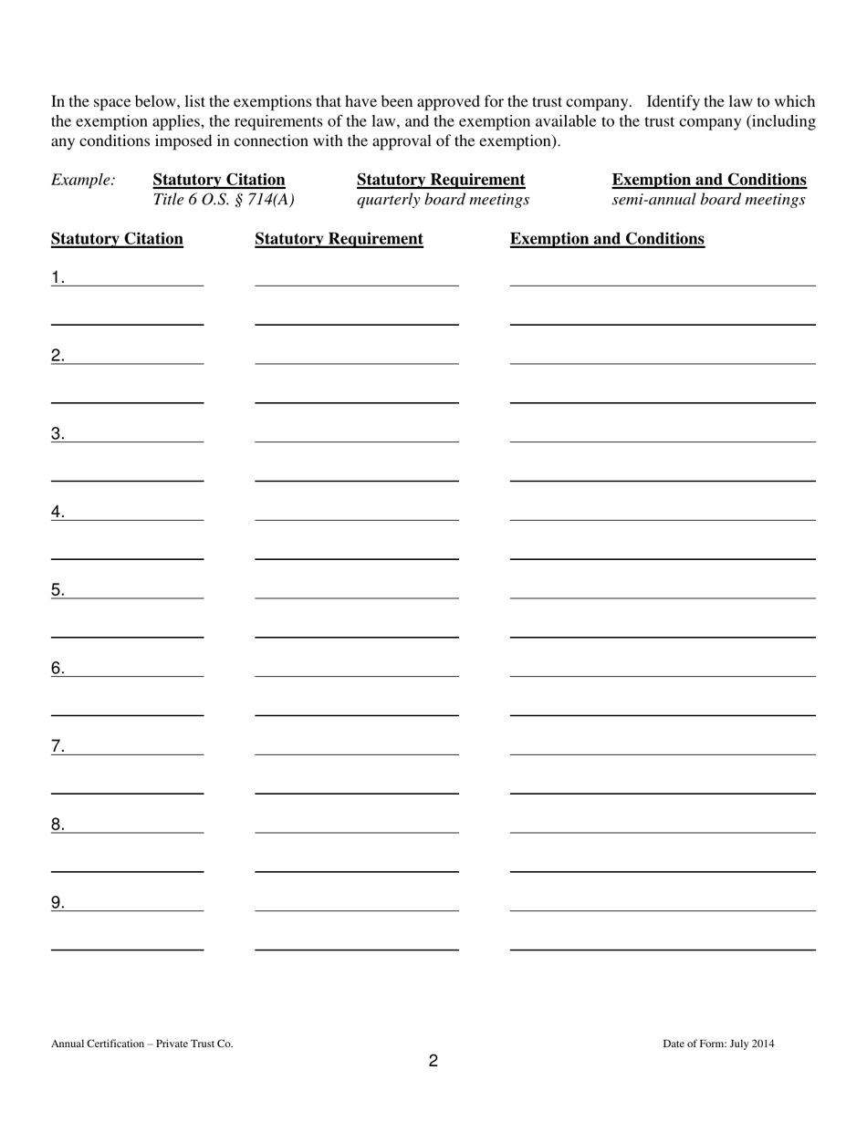 Annual Certification for an Exempt Private Trust Company - Oklahoma, Page 2