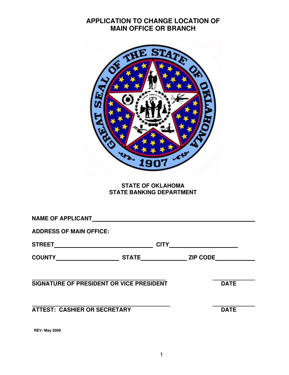 Application to Change Location of Main Office or Branch - Oklahoma, Page 1
