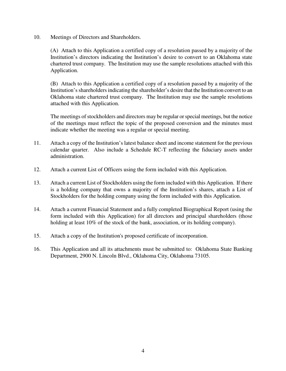 Application for Conversion From a Nationally Chartered Institution to an Oklahoma State Chartered Trust Company - Oklahoma, Page 4