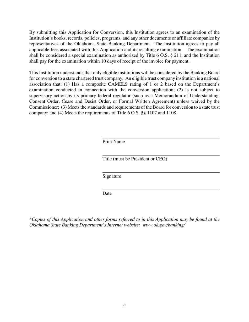 Application for Conversion From a Nationally Chartered Institution to an Oklahoma State Chartered Trust Company - Oklahoma, Page 5