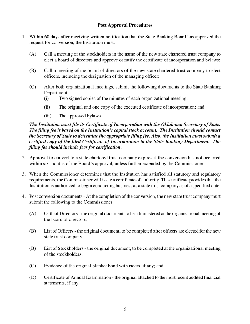 Application for Conversion From a Nationally Chartered Institution to an Oklahoma State Chartered Trust Company - Oklahoma, Page 6