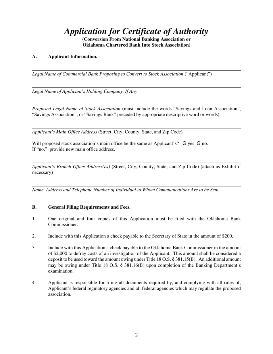 Oklahoma Application for Certificate of Authority (Conversion From ...