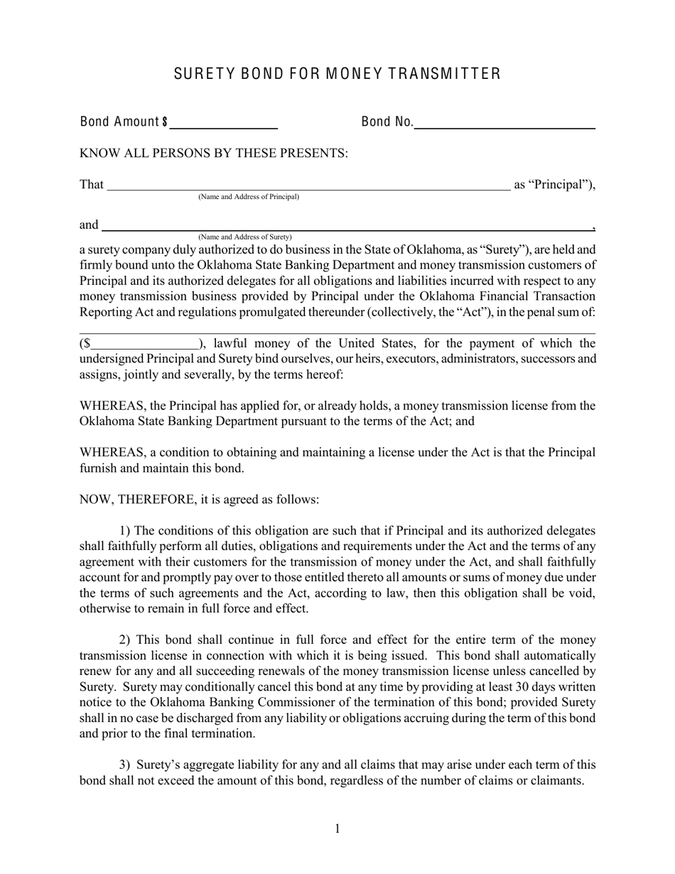 Surety Bond for Money Transmitter - Oklahoma, Page 1
