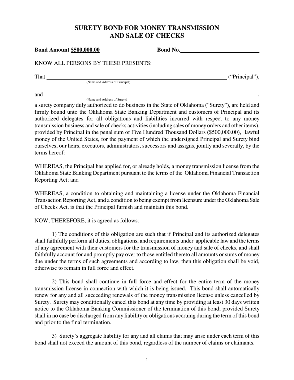 Oklahoma Surety Bond for Money Transmission and Sale of Checks Fill