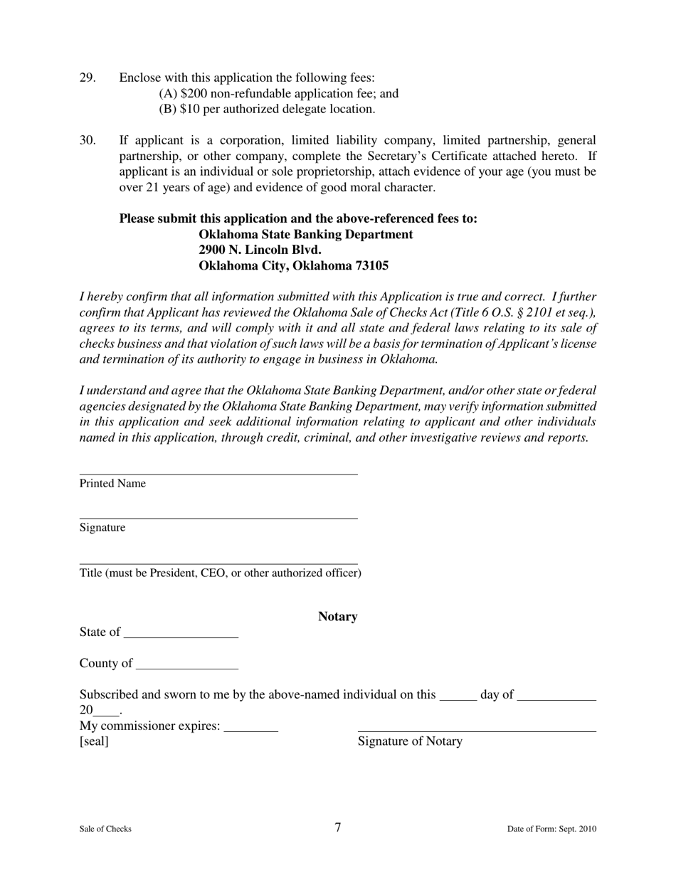 Application for License to Engage in the Business of Selling or Issuing Checks - Oklahoma, Page 7