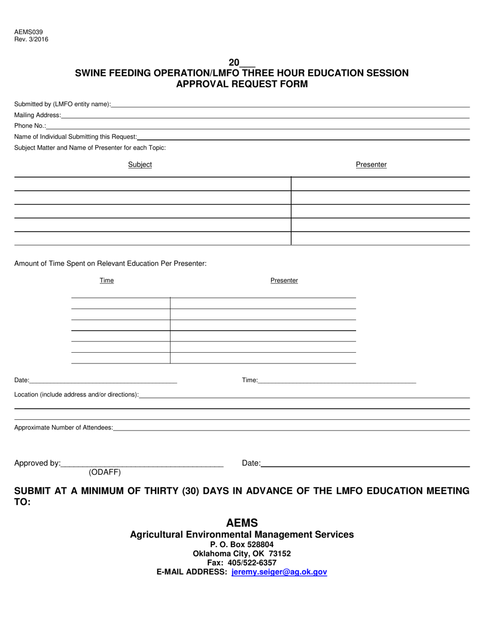Form AEMS039 Swine Feeding Operation / Lmfo Three Hour Education Session Approval Request Form - Oklahoma, Page 1