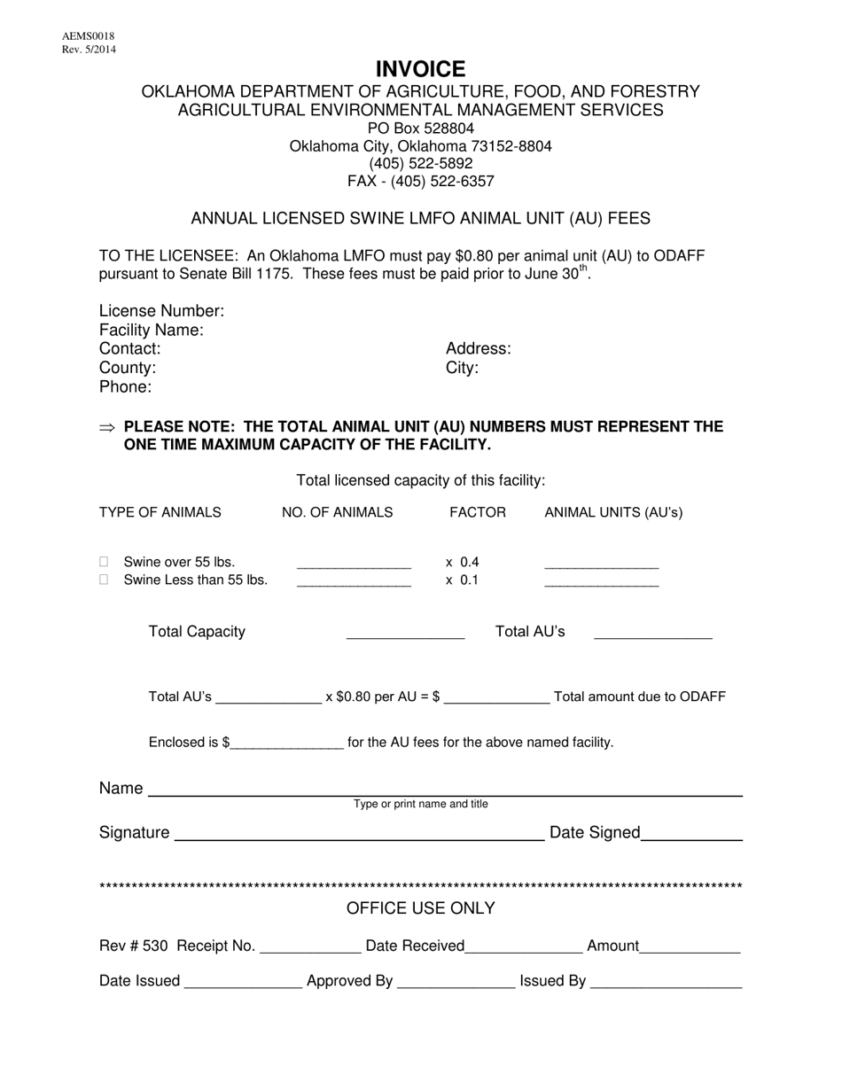 Form AEMS0018 Invoice - Annual Licensed Swine Lmfo Animal Unit (Au) Fees - Oklahoma, Page 1