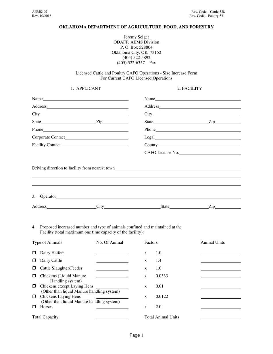 Form AEMS107 Licensed Cattle and Poultry Cafo Operations - Size Increase Form for Current Cafo Licensed Operations - Oklahoma, Page 1