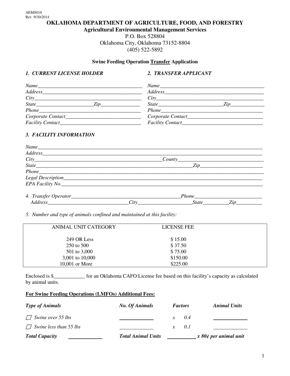 Form AEMS010 Swine Feeding Operation Transfer Application - Oklahoma, Page 1
