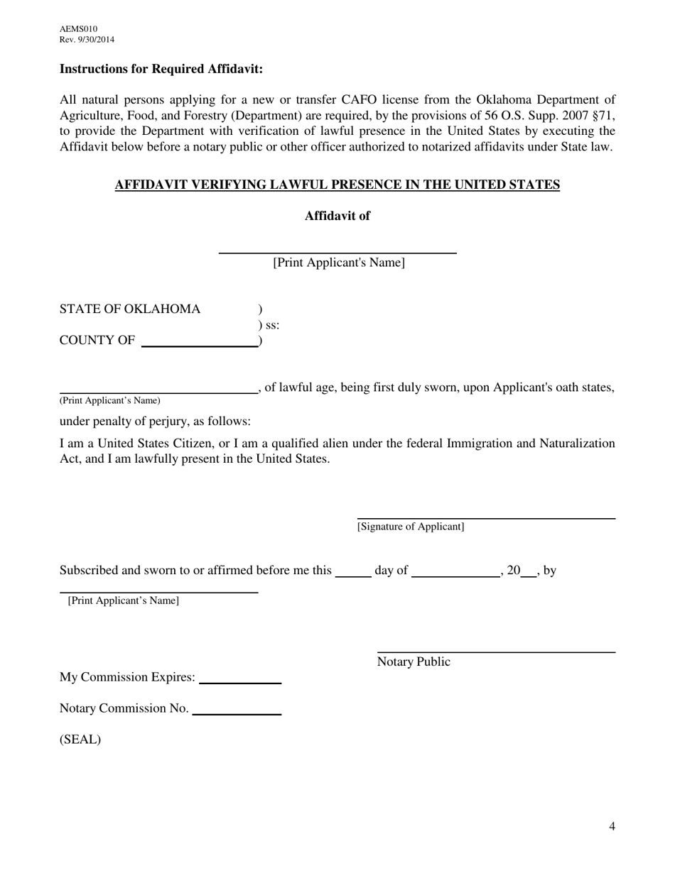 Form AEMS010 Swine Feeding Operation Transfer Application - Oklahoma, Page 4