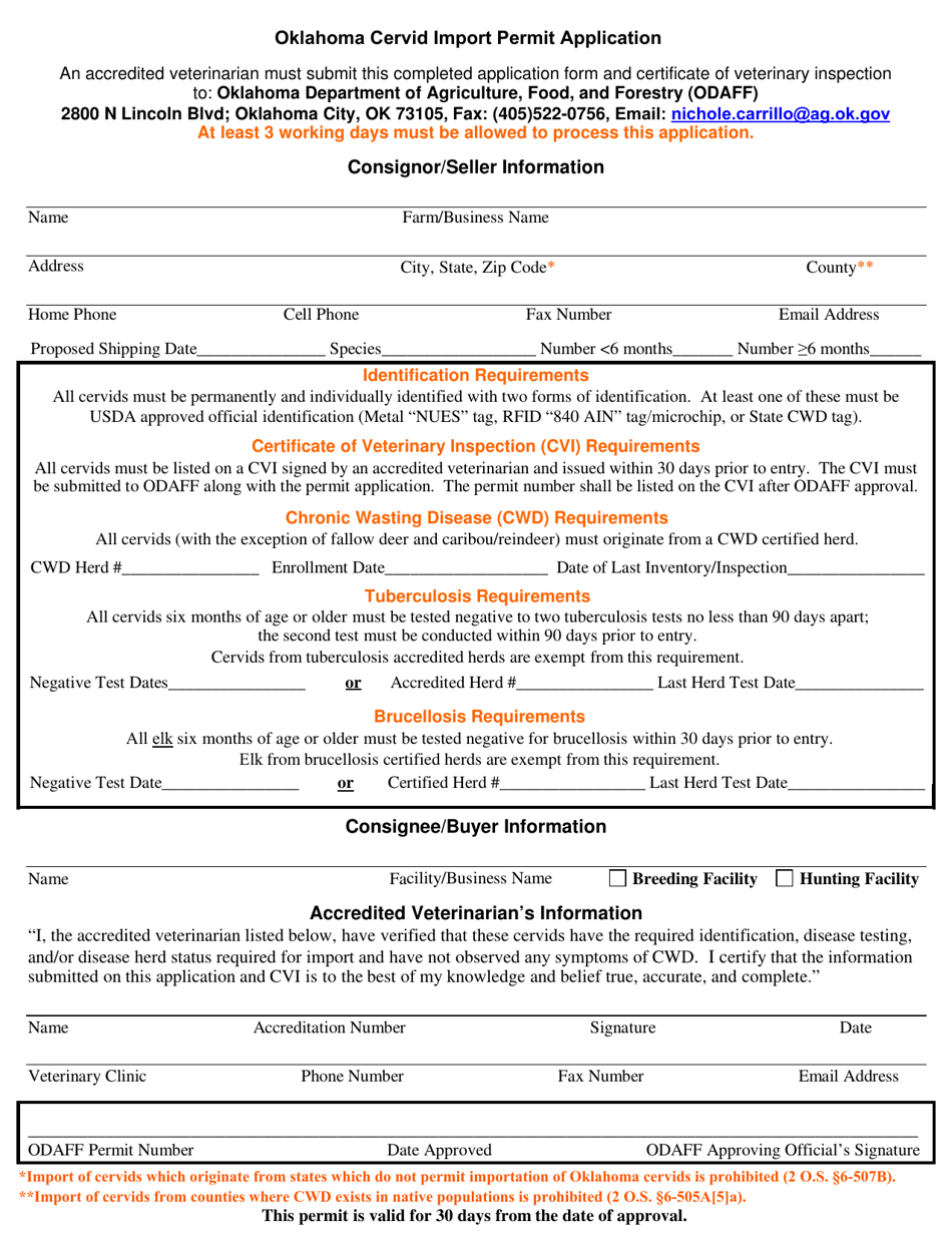 Oklahoma Oklahoma Cervid Import Permit Application Form - Fill Out