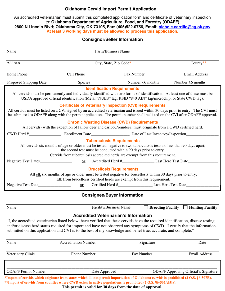 Oklahoma Cervid Import Permit Application Form - Oklahoma, Page 1