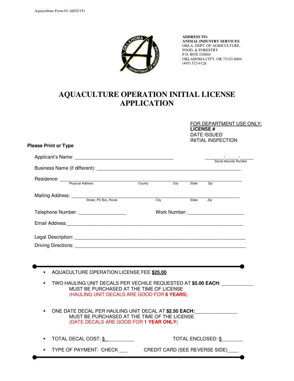 Form 01-AI Aquaculture Operation Initial License Application - Oklahoma, Page 1