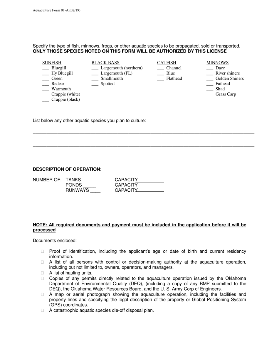 Form 01-AI Aquaculture Operation Initial License Application - Oklahoma, Page 3