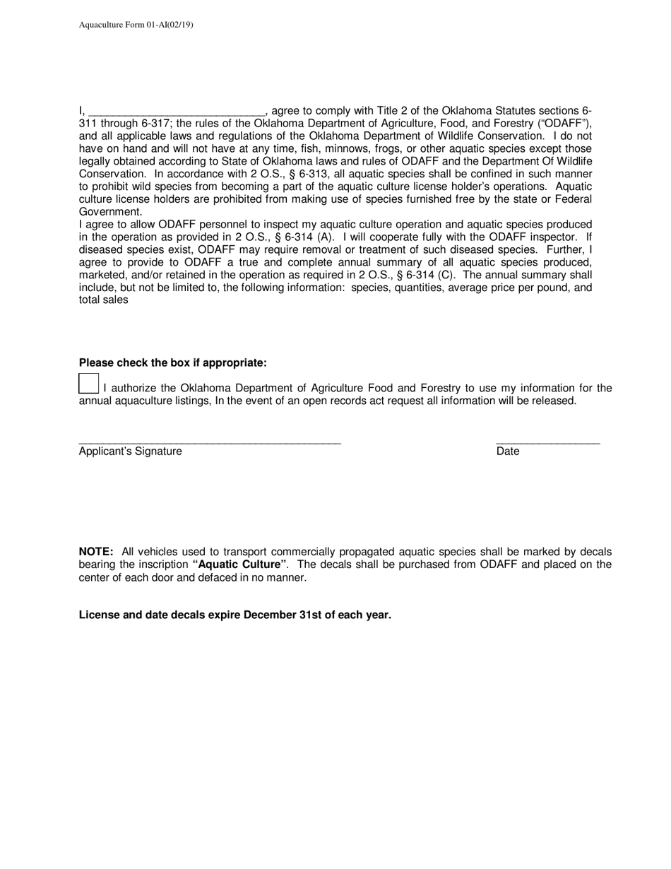 Form 01-AI Aquaculture Operation Initial License Application - Oklahoma, Page 4