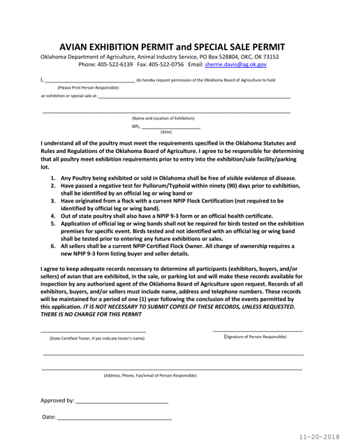 Avian Exhibition Permit and Special Sale Permit - Oklahoma Download Pdf
