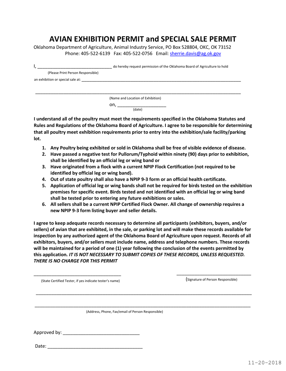 Avian Exhibition Permit and Special Sale Permit - Oklahoma, Page 1