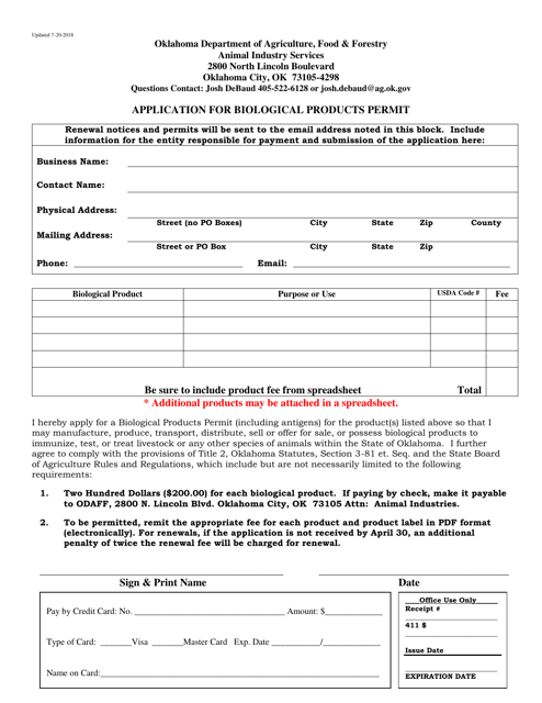Application for Biological Products Permit - Oklahoma Download Pdf