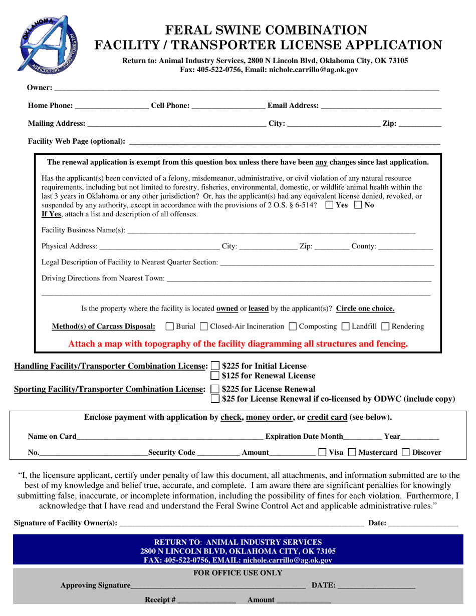 Feral Swine Combination Facility / Transporter License Application Form - Oklahoma, Page 1