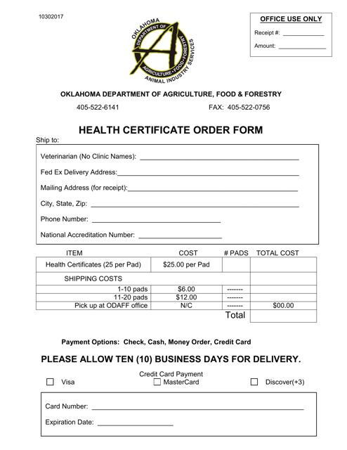 Health Certificate Order Form - Oklahoma Download Pdf