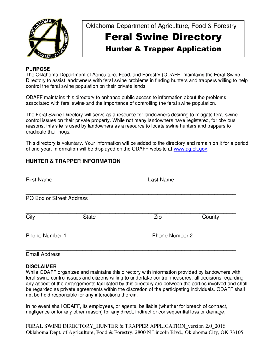 Hunter  Trapper Application Form - Feral Swine Directory - Oklahoma, Page 1