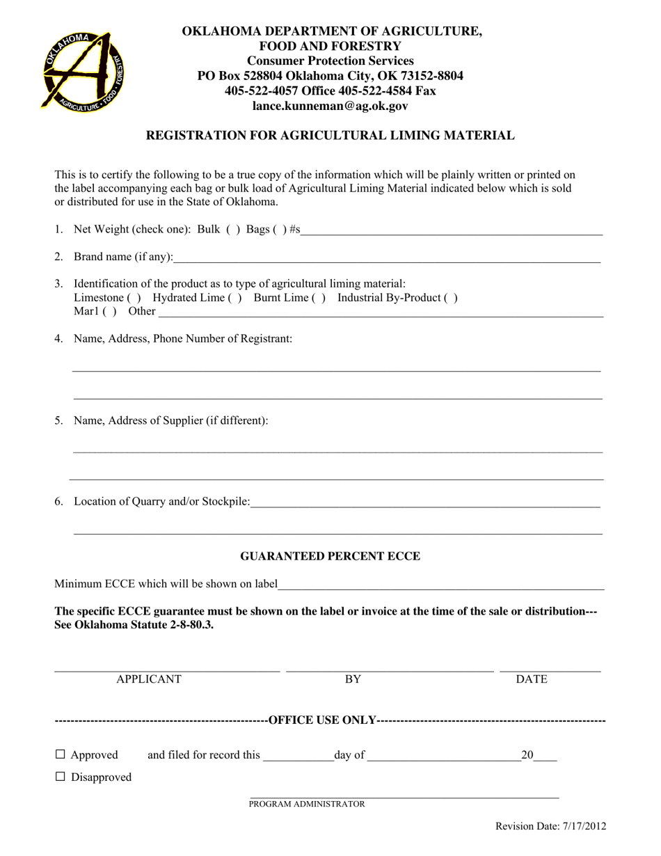 Registration for Agricultural Liming Material - Oklahoma, Page 1