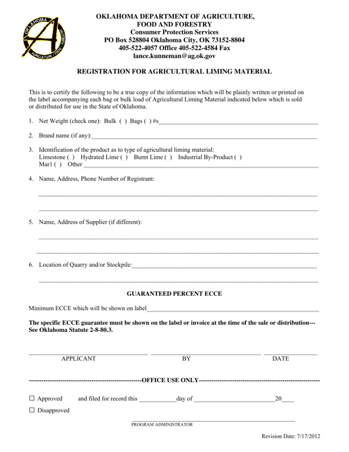 Registration for Agricultural Liming Material - Oklahoma Download Pdf