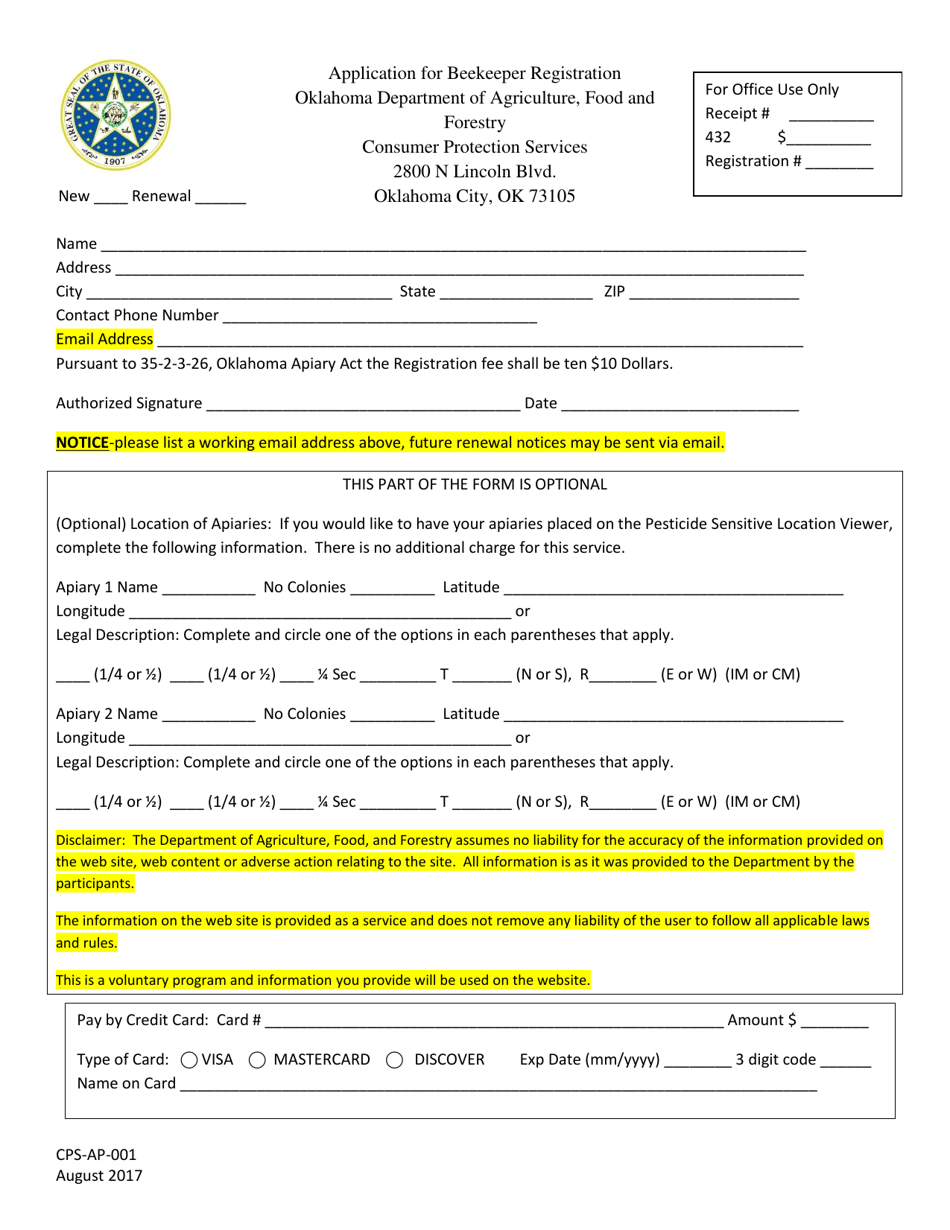 Form CPS-AP-001 Application for Beekeeper Registration - Oklahoma, Page 1