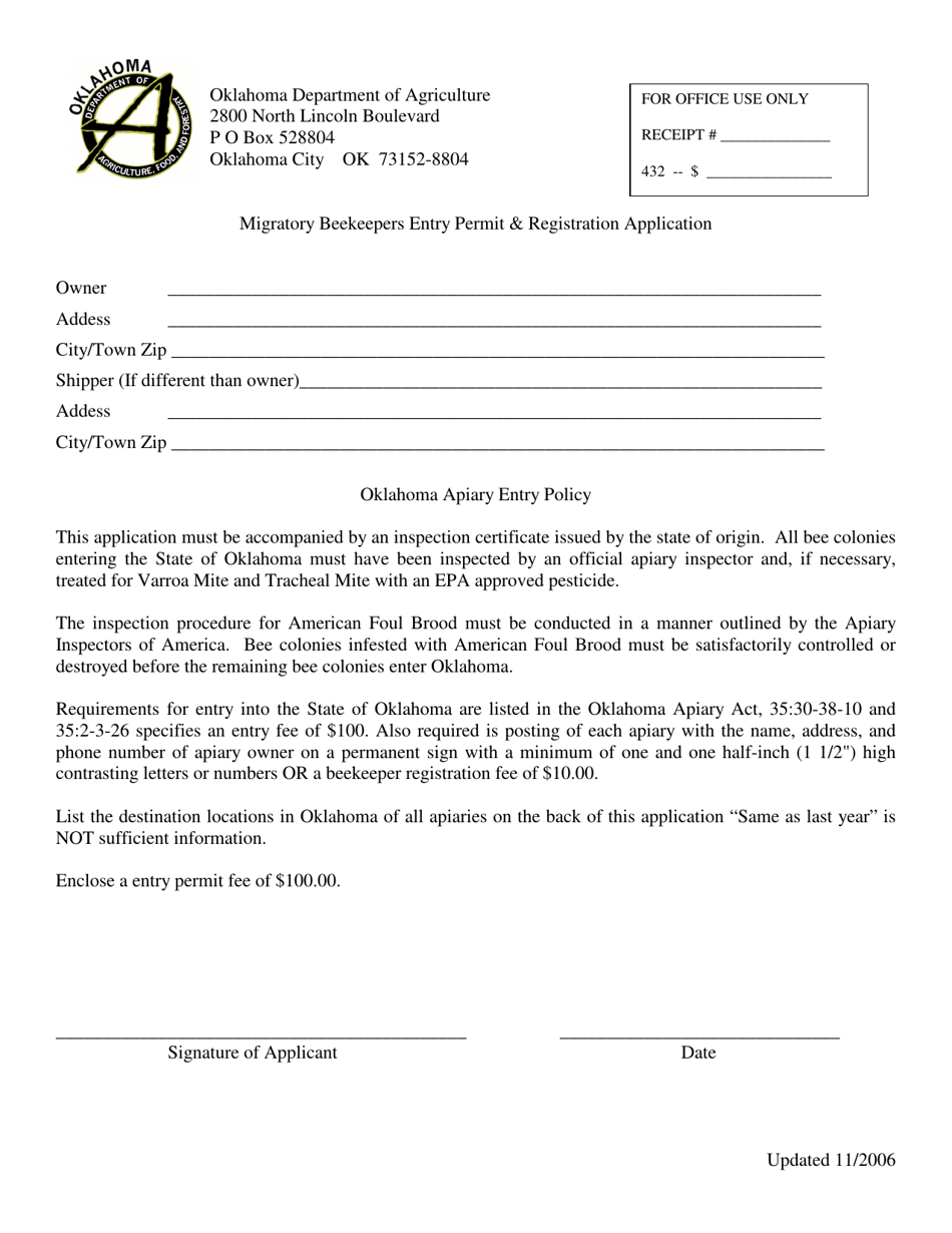 Migratory Beekeepers Entry Permit  Registration Application Form - Oklahoma, Page 1