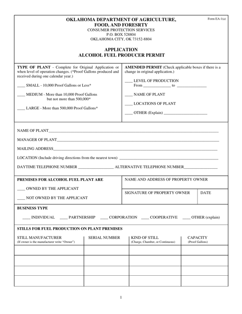 Form EA-1 Alcohol Fuel Producer Permit Application - Oklahoma